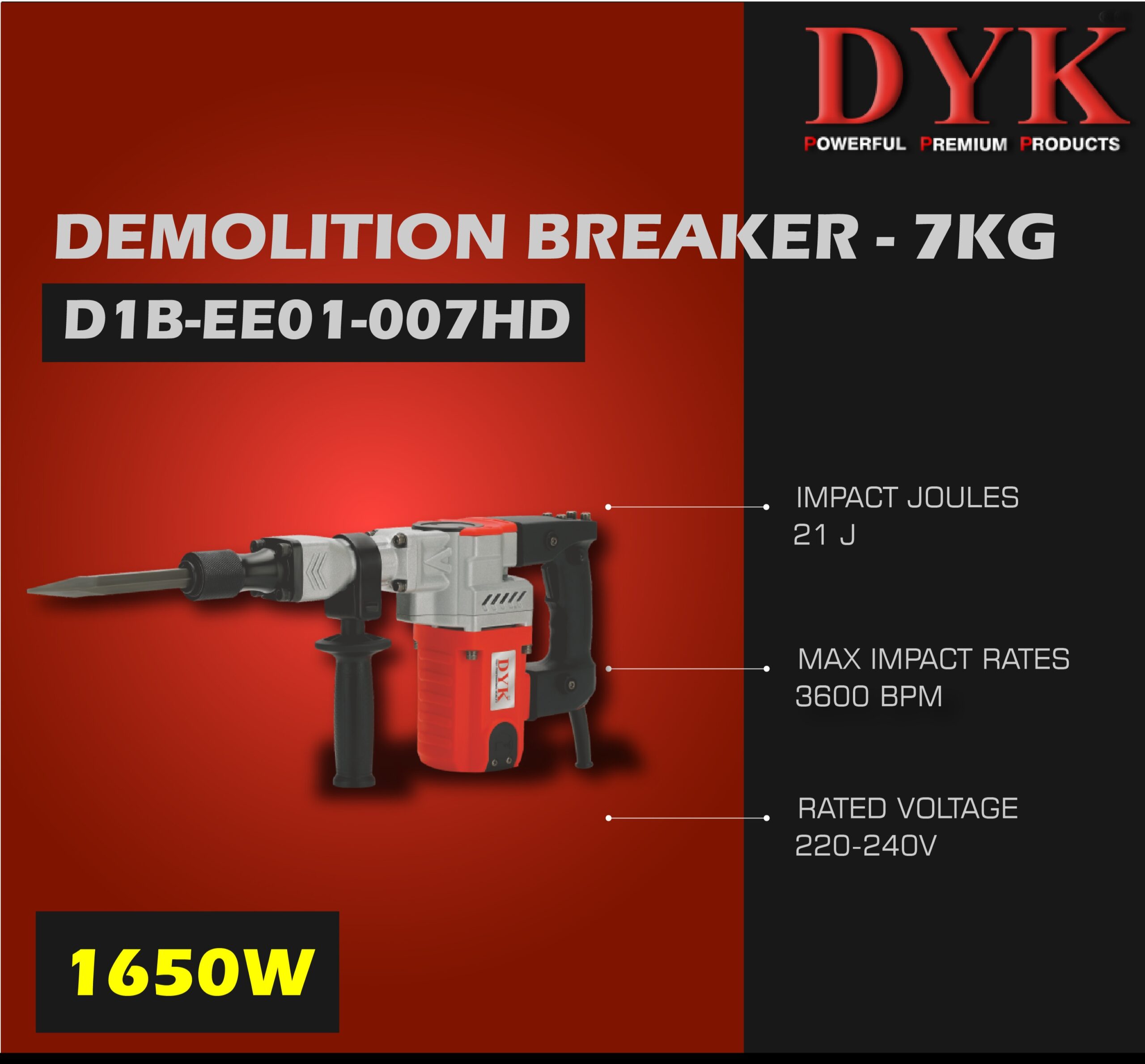 DYK D1B-EE01-007HD | Electric Demolition Hammer | Breaker | 1650W | 3600 BMP | 7.5 KG | High-Grade Aluminum Body | Lock on Switch with Variable Speed | Waterproof and Dust-proof | 6 Months Armature Warranty | Heavy Duty | Quality Product - Image 2