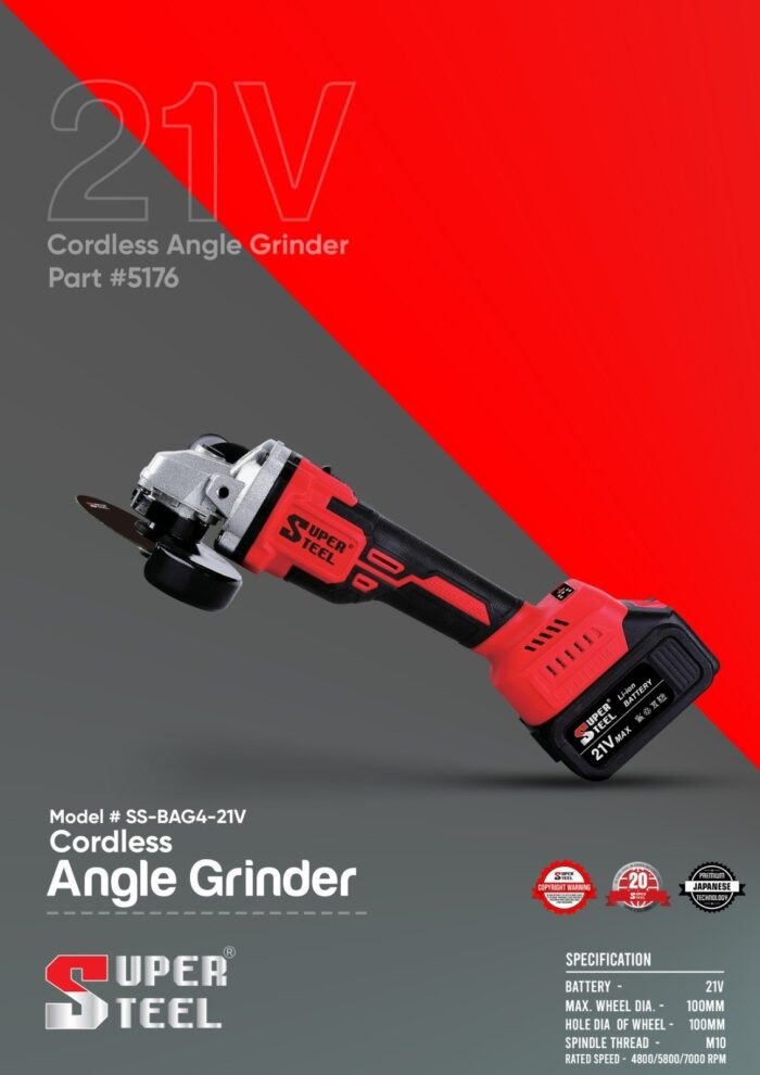 SuperSteel SS-BAG4-21V | Cordless Angle Grinder | 21 v | 4.0 Ah x 2 Pcs | M10 | 10500 rpm | 100 mm | 6 months Motor Warranty | Brushless | Heavy Duty - Image 9