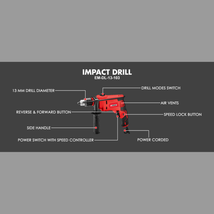 Embaro EM-DL-13-103 | Impact Drill | 13mm | 800W | 4800 RPM | Reverse & Forward Mode | Variable Speed | Impact & Regular Drill Mode | Heavy Duty - Image 9