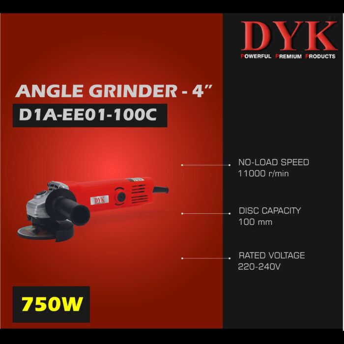 DYK D1A-EE01-100C | Angle Grinder | 4 in. | 100mm | 750W | 11000 RPM | 6 Months Armature Warranty | Toggle Switch | Water and Dust Proof | Double Insulation | Anti Vibrational Side Handle - Image 3
