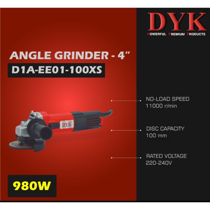 DYK D1A-EE01-100XS | Angle Grinder | 4 in. | 100mm | 980W | 11000 RPM | 6 Months Armature Warranty | Side Switch | Water and Dust Proof | Double Insulation | Anti Vibration Side Handle - Image 3