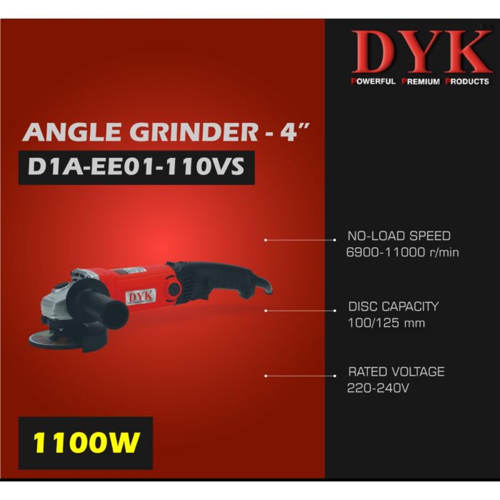 DYK D1A-EE01-110VS | Angle Grinder | 4 in. | 100mm | 1100W | 11000 RPM | 6 Months Armature Warranty | Toggle Switch | Water and Dust Proof | Double Insulation | Anti Vibrational Side Handle - Image 3