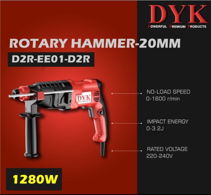 DYK D2R-EE01-D2R | Rotary Hammer Drill | 20mm | 1280W | 0-1600 RPM | 200-2200 BPM | 6 Month Armature Warranty | Water and Rust Proof | 3 Pcs Drill Bits | Copper Motor | Reverse Forward Function | Variable Speed | Two Mode | Pistol Type Handle | Heavy Duty | Best in Class - Image 5