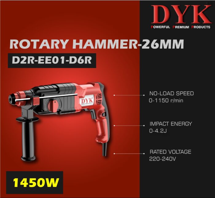 DYK D2R-EE01-D6R | Rotary Hammer Drill | 26mm | 1450W | 0-1150 RPM | 200-2600 BPM | 6 Month Armature Warranty | Water and Rust Proof | 3 Pcs Drill Bits | Copper Motor | Reverse Forward Function | Variable Speed | Three Mode | Pistol Type Handle | Heavy Duty | Best in Class - Image 8