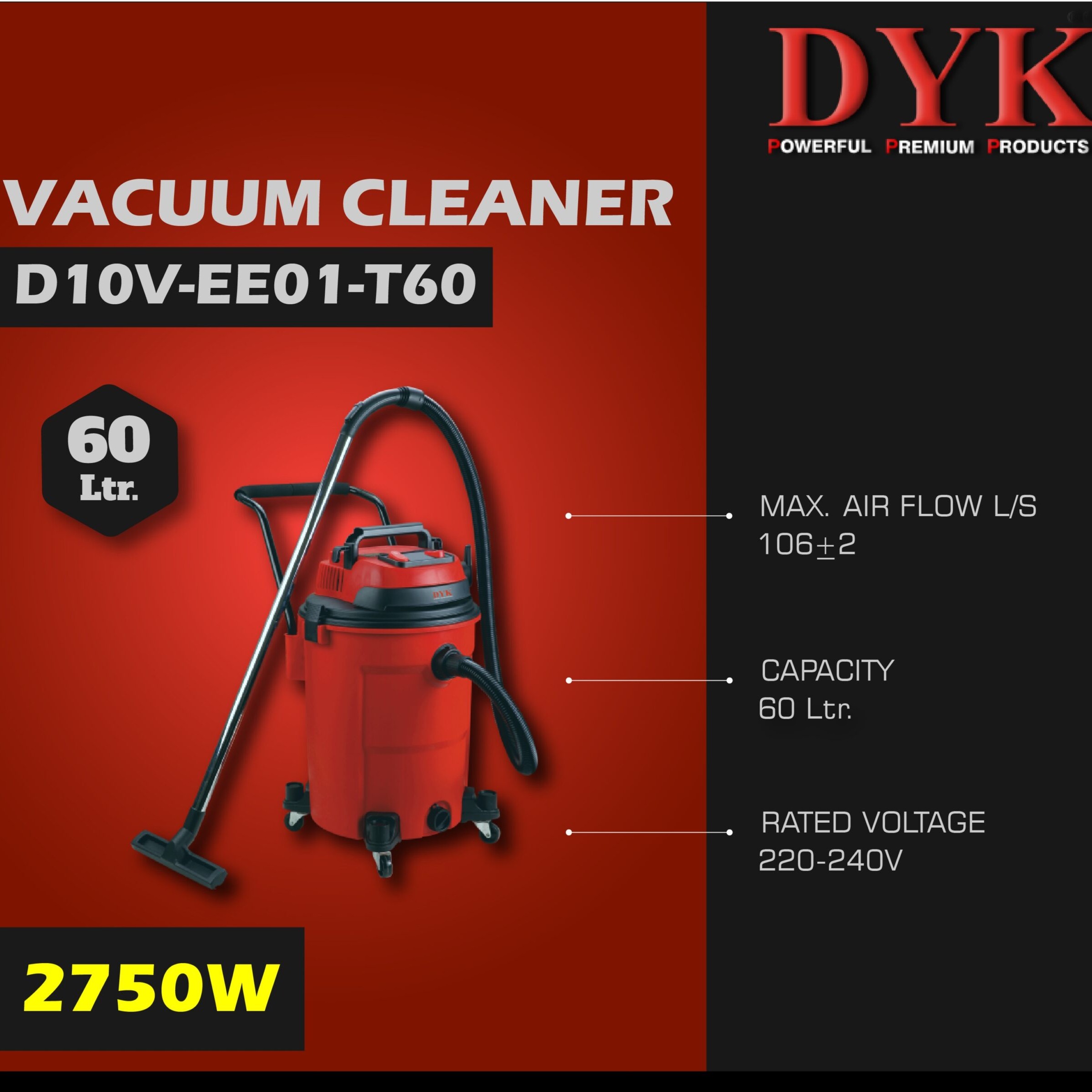 DYK D10V-EE01-T60 | Electric Vacuum Cleaner | 60L | 2750W | 104-108 L/s Suction | 6 Months Motor Warranty | Dust and Water Proof | Extra Heavy Duty | Best in Class - Image 4