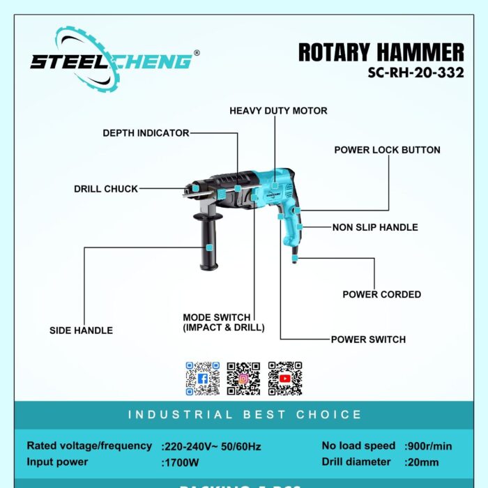 Steelcheng SC-RH-20-332 | Rotary Hammer Drill | 20mm | 1700W | 11000 RPM | 6 Month Armature Warranty | Water and Rust Proof | 3 Pcs Drill Bits | Copper Motor | Reverse Forward Function | Variable Speed | Two Mode | Pistol Type Handle | Extra Heavy Duty | Best in Class - Image 6