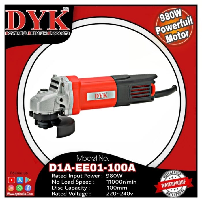 DYK D1A-EE01-100A | Angle Grinder | 100mm | 1150W | 6 Months Armature Warranty | 11000 RPM | Toggle Switch | Water and Dust Proof | Double Insulation | Anti Vibration Side Handle - Image 9