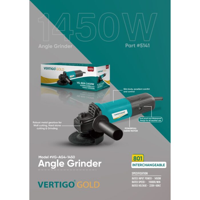 Vertigo Gold VG-AG4-1450W | Angle Grinder | 4 in. | 100mm | 1450W | 10000 RPM | Variable Speed | Safety Switch | Anti Vibration Side Handle | Budget Friendly - Image 4